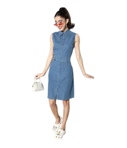 Generic Women's Denim Solid Sleeveless Dress (Blue)