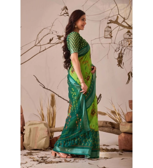 Generic Women's Faux_Linen Printed Saree With Unstitched Blouse 5.5Mtr (Green)