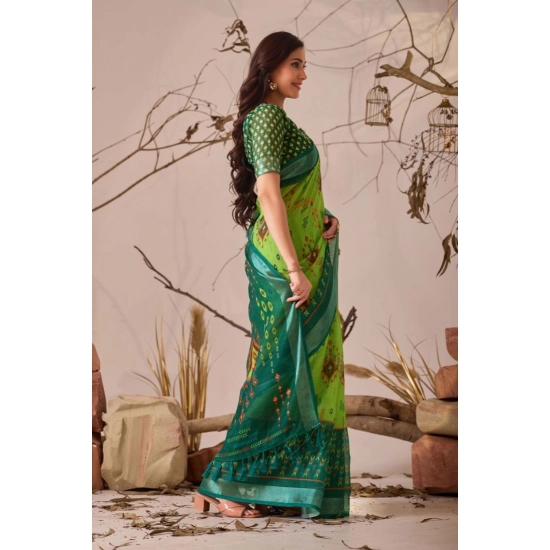 Generic Women's Faux_Linen Printed Saree With Unstitched Blouse 5.5Mtr (Green)