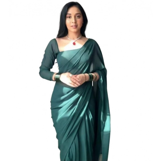 Generic Women's Georgette Solid Saree With Unstitched Blouse 5.5Mtr (Dark Green)