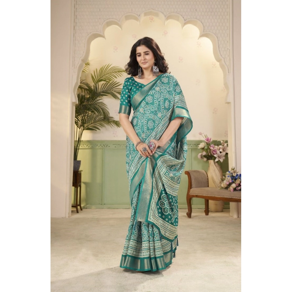 Women's Cotton Silk Floral Printed Saree With Unstitched Blouse 5.5Mtr (Teal)