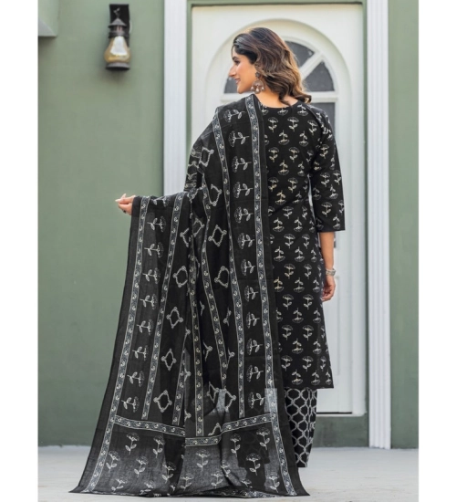 Generic Women's Cotton Blend Printed Kurti With Pant Dupatta Set (Black)