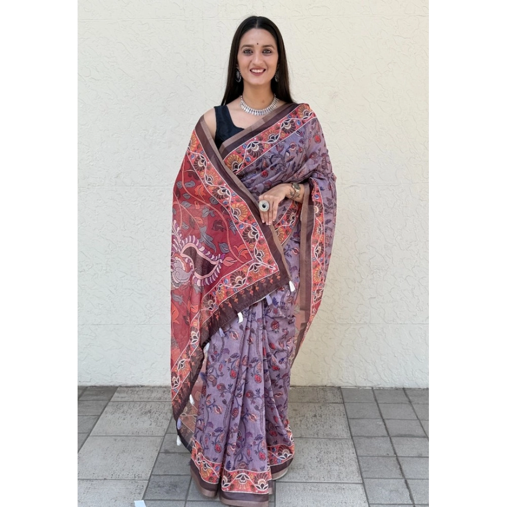 Generic Women's Cotton Hand Bandhani Printed Saree With Unstitched Blouse 5.5Mtr (Purple)