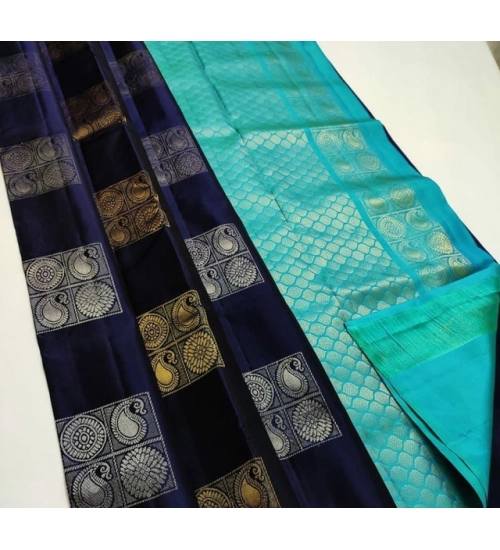 Generic Women's Litchi silk Printed Saree With Unstitched Blouse (Navy Blue With Turquise Blue)