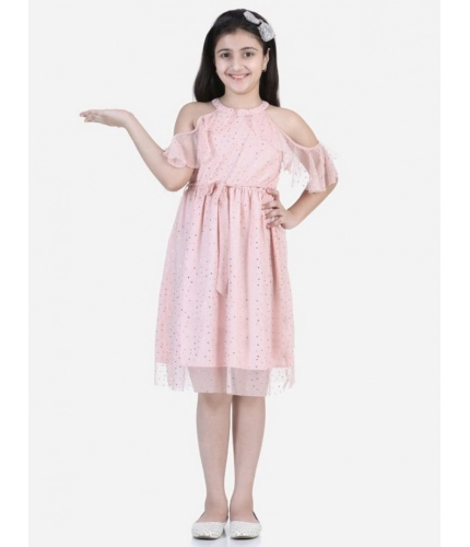 Generic Girl's Net Printed Sleeveless Dress (Blush Pink)