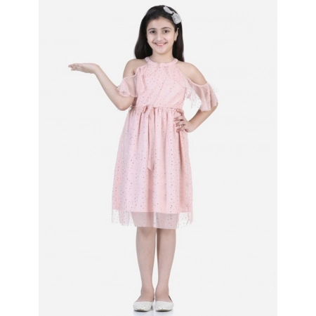 Generic Girl's Net Printed Sleeveless Dress (Blush Pink)