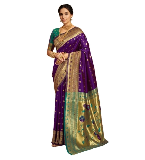 Generic Women's Silk Blend Zari Weaving Saree With Unstitched Blouse 5.5Mtr (Purple)