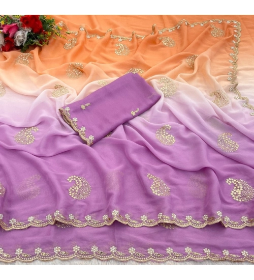 Generic Women's Digital Printed  Geogette Saree With Unstitched Blouse (Wine, 5-6 Mtrs)