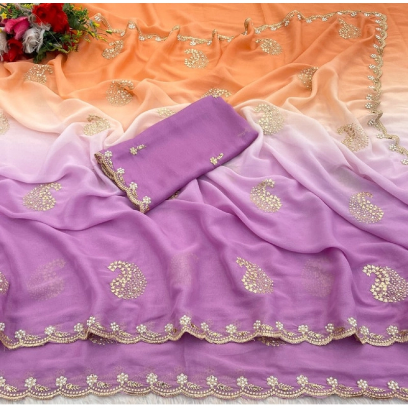 Women's Digital Printed  Geogette Saree With Unstitched Blouse (Wine, 5-6 Mtrs)