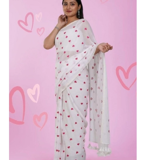 Generic Women's Linen Printed Saree With Unstitched Blouse 5.5Mtr (White)