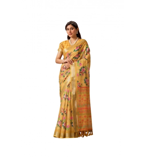 Generic Women's Faux_Linen Printed Saree With Unstitched Blouse 5.5Mtr (Gold)