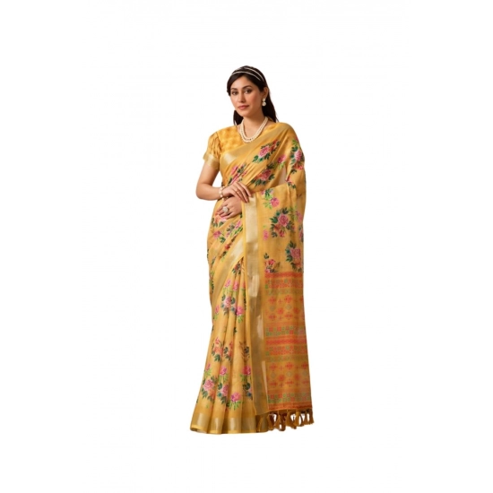 Generic Women's Faux_Linen Printed Saree With Unstitched Blouse 5.5Mtr (Gold) Generic Women's Faux_Linen Printed Saree With Unstitched Blouse 5.5Mtr (Gold)