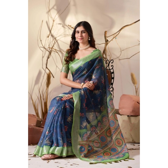 Generic Women's Faux_Linen Printed Saree With Unstitched Blouse 5.5Mtr (Navy_Blue)