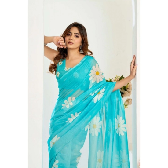 Generic Women's Linen Cotton Printed Ready To Wear Saree With Unstitched Blouse 5.5 Mtr (Aqua_Blue)