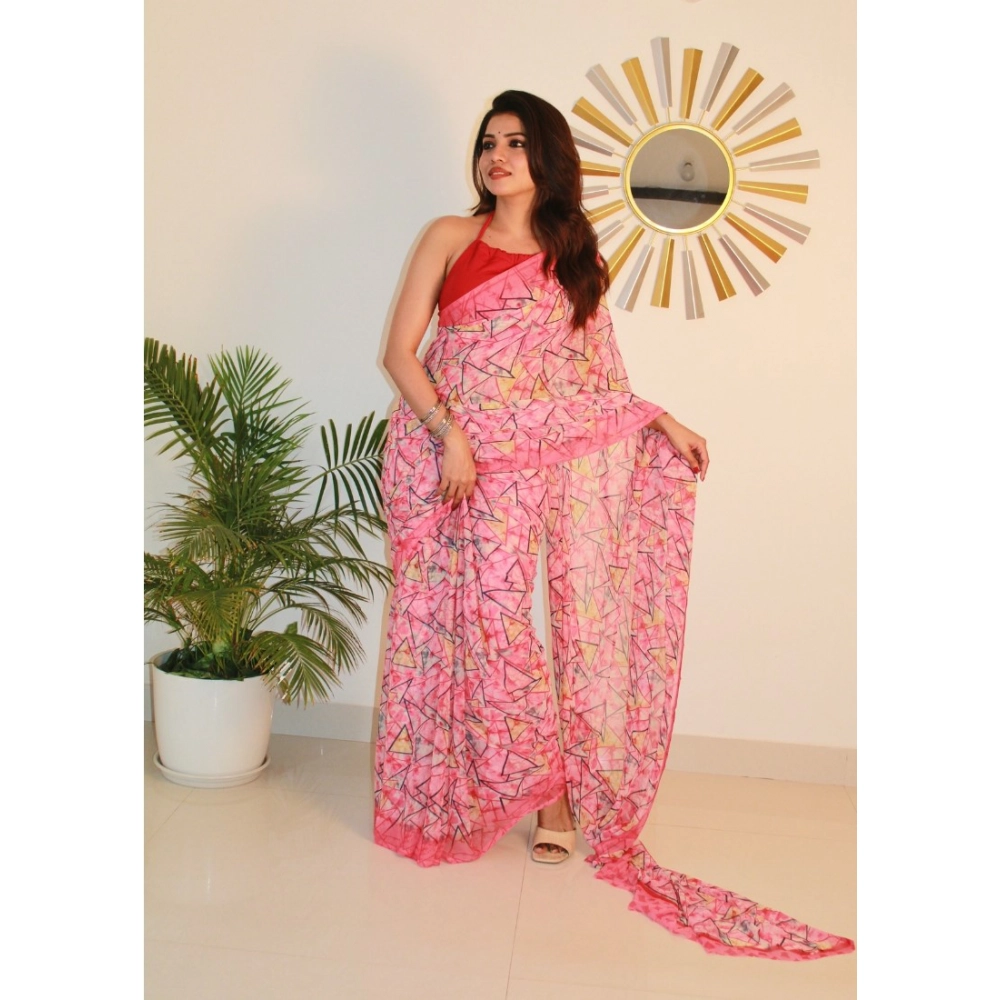 Generic Women’s Georgette Printed Saree With Unstitched Blouse 5.5Mtr (Pink)