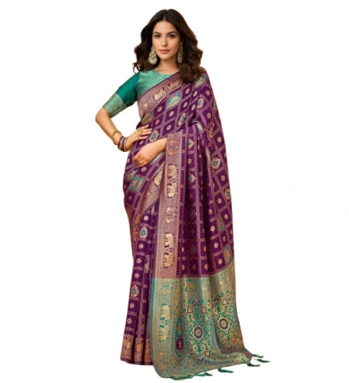 Generic Women's Silk Blend Woven Zari Work Saree With Unstitched Blouse 5.5Mtr (Purple)