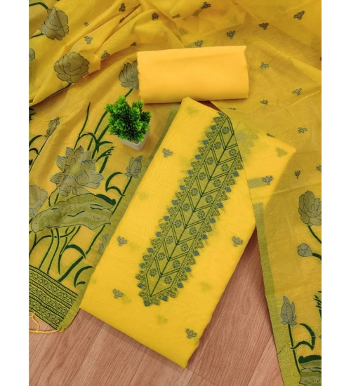 Generic Women's Banarasi Silk Printed Unstitched Salwar Suit Material With Dupatta (Yellow, 3Mtrs)