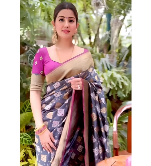 Generic Women's Soft Litchi Silk Jacquard Work Saree With Unstitched Blouse 5.5Mtr (Gray)