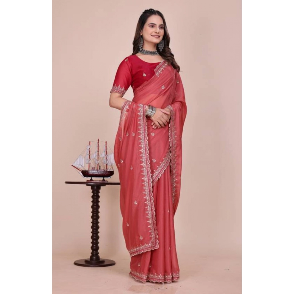 Generic Women's Georgette Embellished Saree With Unstitched Blouse 5.5Mtr�(Coral Red)