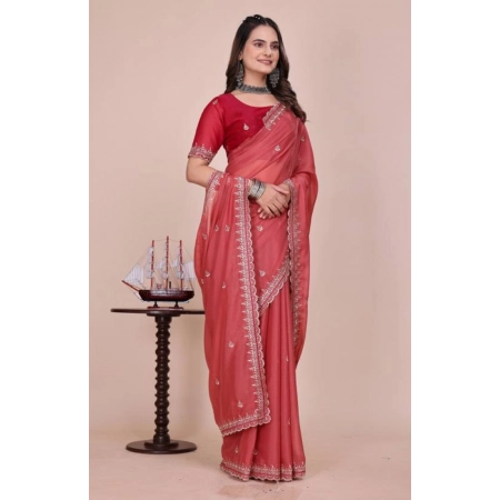 Generic Women's Georgette Embellished Saree With Unstitched Blouse 5.5Mtr (Coral Red)