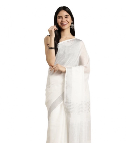 Generic Women's Linen Cotton Printed Saree With Unstitched Blouse 5.5Mtr (White)