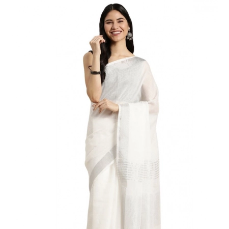 Generic Women's Linen Cotton Printed Saree With Unstitched Blouse 5.5Mtr (White)