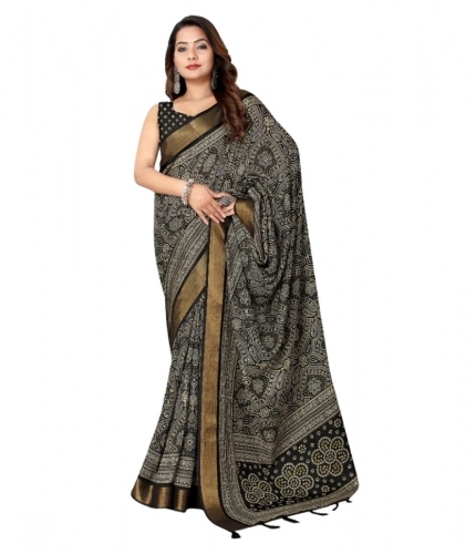 Generic Women's Cotton Silk Printed Saree With Unstitched Blouse 5.5Mtr (Black)