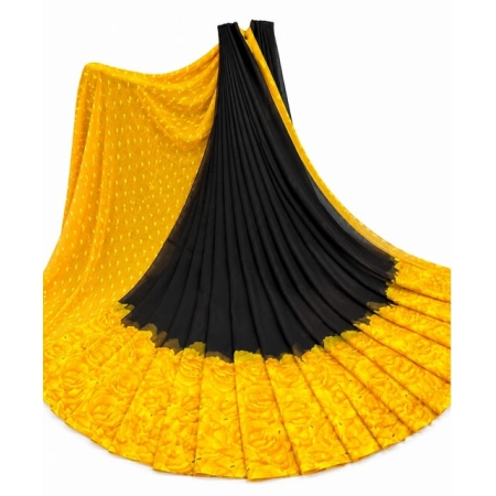 Generic Women's Georgette Printed Saree With Unstitched Blouse 5.5Mtr (Black-Yellow)
