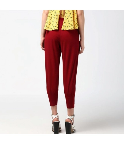 Generic Women's Polyester Solid Elasticated Trousers (Maroon)
