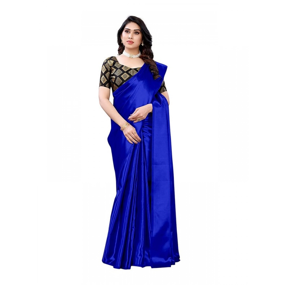 Generic Women's Satin Printed Saree With Unstitched Blouse 5.5Mtr (Royal Blue)