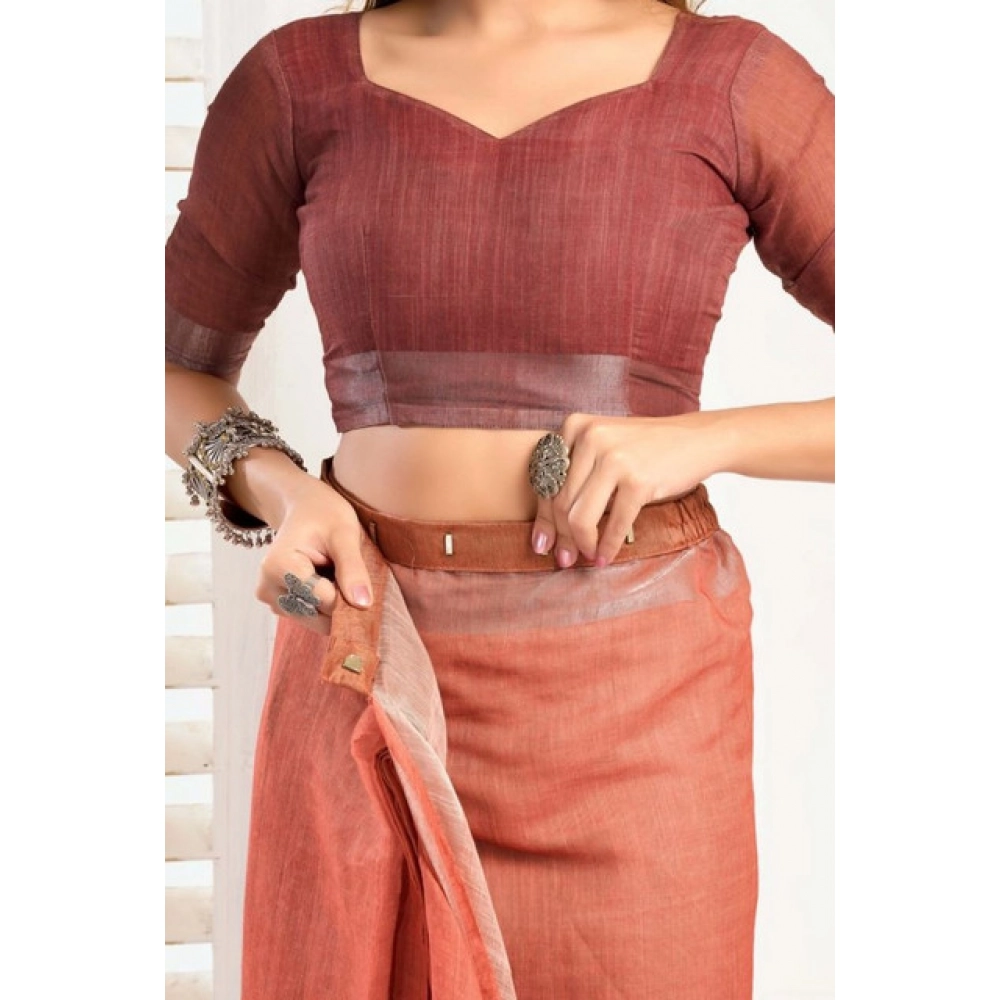 Generic Women's Faux_Linen Printed Ready-to-Wear Saree With Unstitched Blouse 5.5 Mtr (Rust)
