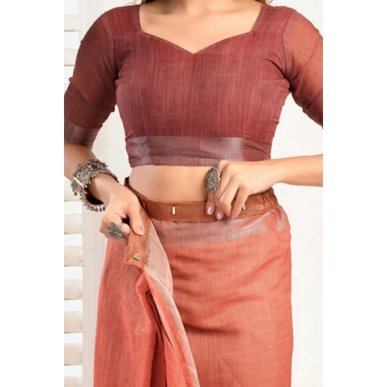 Generic Women's Faux_Linen Printed Ready-to-Wear Saree With Unstitched Blouse 5.5 Mtr (Rust)