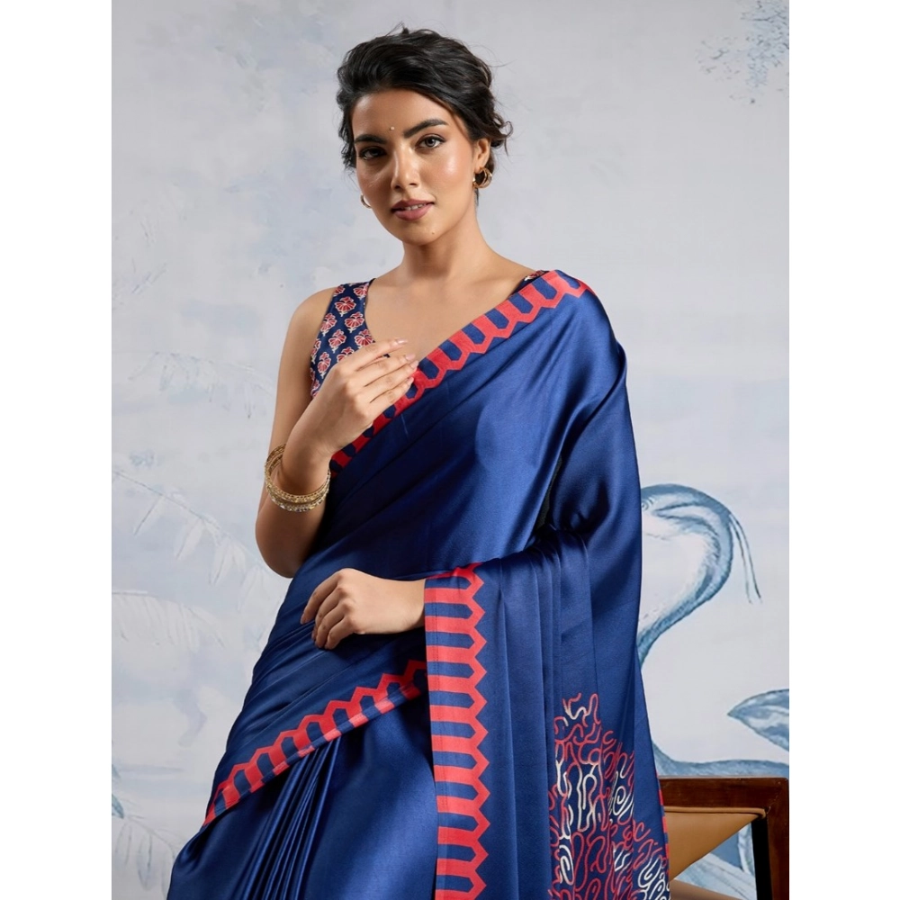 Generic Women's Satin Crepe Printed Saree With Unstitched Blouse 5.5Mtr (Blue)
