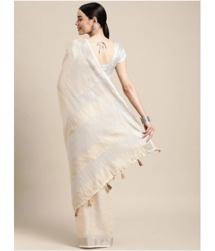 Generic Women's Linen Cotton Printed Saree With Unstitched Blouse 5.5Mtr (Cream)