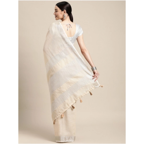 Generic Women's Linen Cotton Printed Saree With Unstitched Blouse 5.5Mtr (Cream)