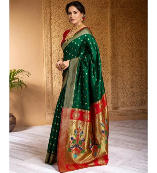 Generic Women's Silk Blend Zari Woven Saree With Unstitched Blouse 5.5Mtr (Green)