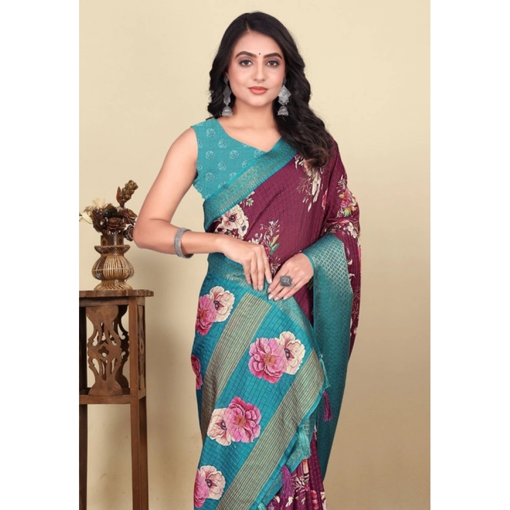 Women’s Cotton Blend Floral Printed Saree With Unstitched Blouse 5.5Mtr (Maroon)