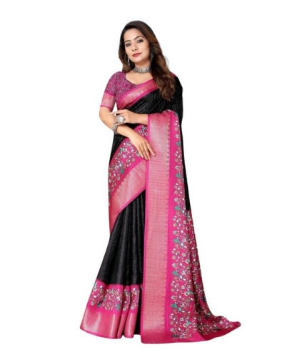 Generic Women's Cotton Silk Printed Saree With Unstitched Blouse 5.5Mtr (Black-Pink)