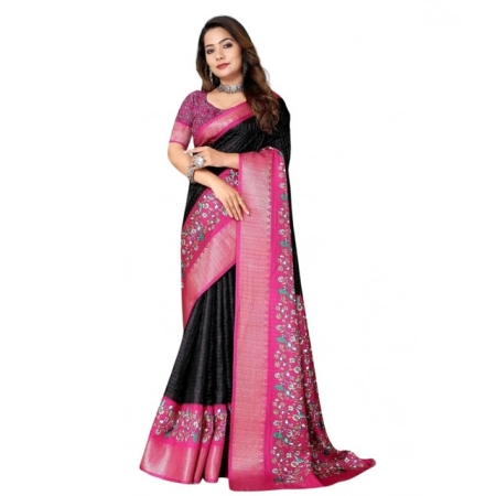 Generic Women's Cotton Silk Printed Saree With Unstitched Blouse 5.5Mtr (Black-Pink)