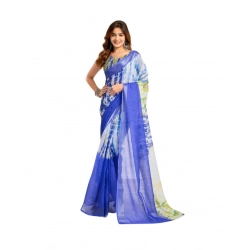 Generic Women's Faux_Linen Printed Ready-to-Wear Saree With Unstitched Blouse 5.5 Mtr (Blue)