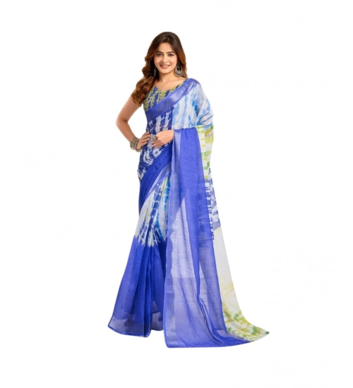 Generic Women's Faux_Linen Printed Ready-to-Wear Saree With Unstitched Blouse 5.5 Mtr (Blue)