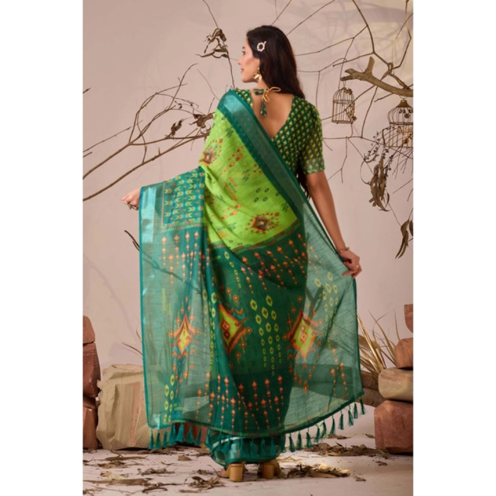 Generic Women's Faux_Linen Printed Saree With Unstitched Blouse 5.5Mtr (Green)