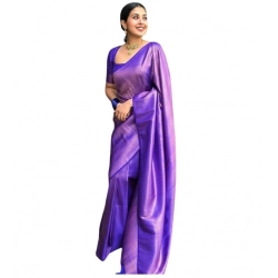 Generic Women's Litchi silk Printed Saree With Unstitched Blouse (Purple)