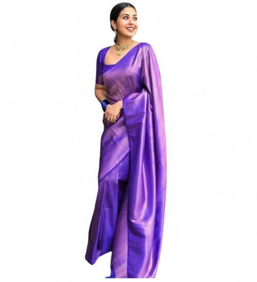 Generic Women's Litchi silk Printed Saree With Unstitched Blouse (Purple)