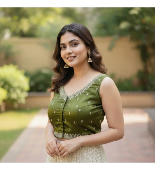 Generic Women's Zimmi Choo Sequin Work V-Neck Padded Blouse (Olive 38 Ready (Self Alterable 36–40)