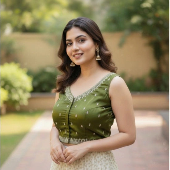 Generic Women's Zimmi Choo Sequin Work V-Neck Padded Blouse (Olive 38 Ready (Self Alterable 36–40)