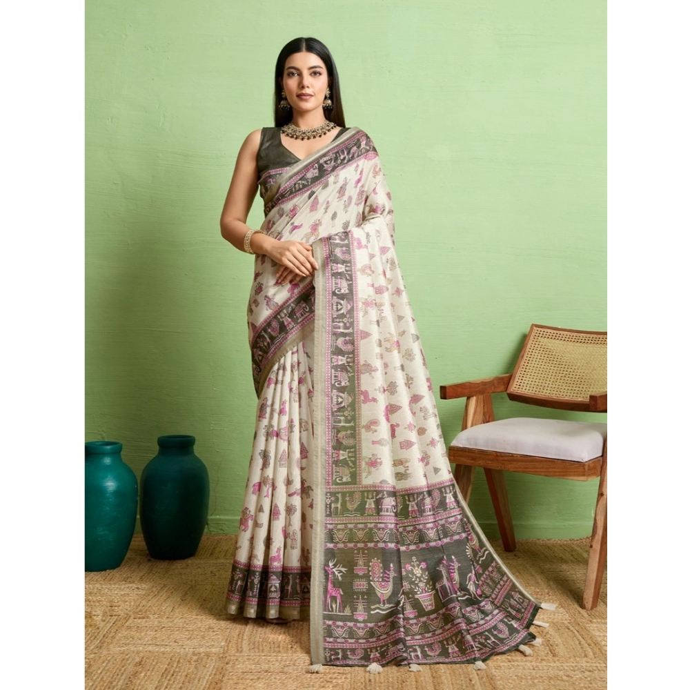 Generic Women's Silk Blend Printed Saree With Unstitched Blouse 5.5Mtr (Off White) Generic Women's Silk Blend Printed Saree With Unstitched Blouse 5.5Mtr (Off White)