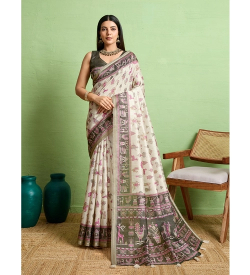 Generic Women's Silk Blend Printed Saree With Unstitched Blouse 5.5Mtr (Off White)