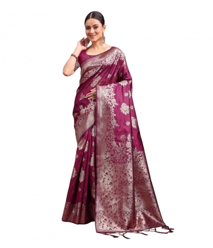 Generic Women's Banarasi Silk Printed Saree With Unstitched Blouse 5.5Mtr (Purple)