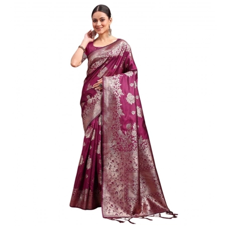 Generic Women's Banarasi Silk Printed Saree With Unstitched Blouse 5.5Mtr (Purple)